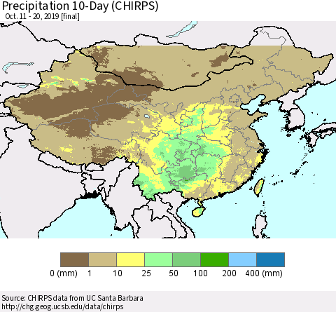China and Taiwan Precipitation 10-Day (CHIRPS) Thematic Map For 10/11/2019 - 10/20/2019