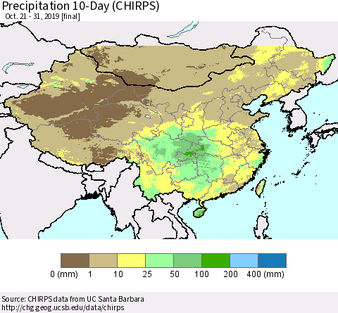 China and Taiwan Precipitation 10-Day (CHIRPS) Thematic Map For 10/21/2019 - 10/31/2019