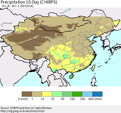 China and Taiwan Precipitation 10-Day (CHIRPS) Thematic Map For 10/26/2019 - 11/5/2019