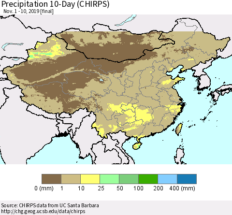 China, Mongolia and Taiwan Precipitation 10-Day (CHIRPS) Thematic Map For 11/1/2019 - 11/10/2019