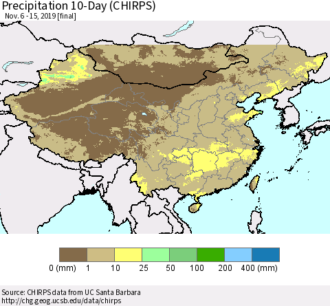 China, Mongolia and Taiwan Precipitation 10-Day (CHIRPS) Thematic Map For 11/6/2019 - 11/15/2019