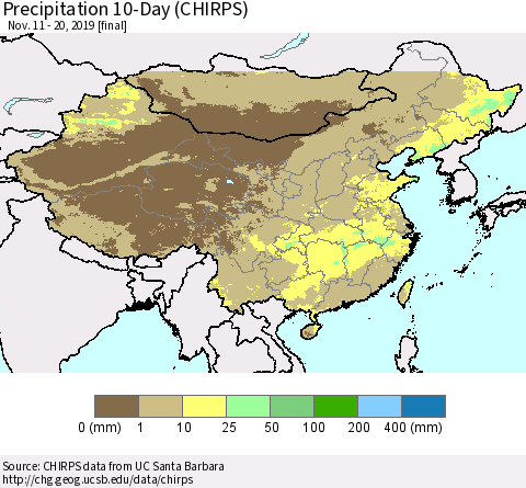 China, Mongolia and Taiwan Precipitation 10-Day (CHIRPS) Thematic Map For 11/11/2019 - 11/20/2019
