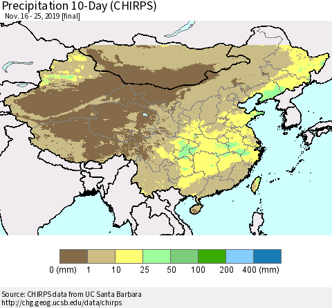 China, Mongolia and Taiwan Precipitation 10-Day (CHIRPS) Thematic Map For 11/16/2019 - 11/25/2019