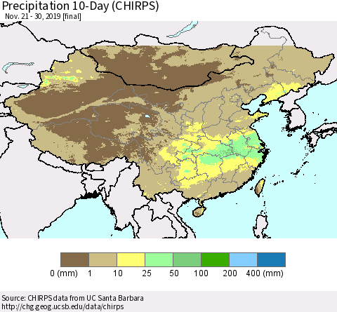 China, Mongolia and Taiwan Precipitation 10-Day (CHIRPS) Thematic Map For 11/21/2019 - 11/30/2019