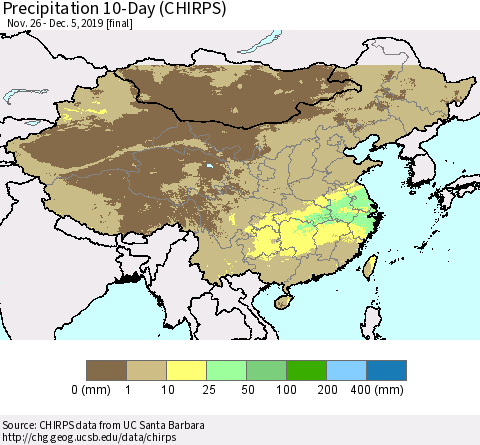 China, Mongolia and Taiwan Precipitation 10-Day (CHIRPS) Thematic Map For 11/26/2019 - 12/5/2019