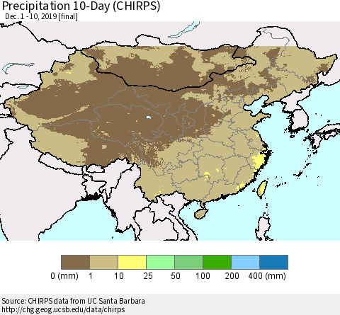 China, Mongolia and Taiwan Precipitation 10-Day (CHIRPS) Thematic Map For 12/1/2019 - 12/10/2019