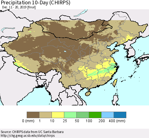 China, Mongolia and Taiwan Precipitation 10-Day (CHIRPS) Thematic Map For 12/11/2019 - 12/20/2019