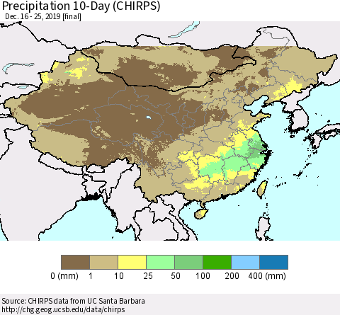 China, Mongolia and Taiwan Precipitation 10-Day (CHIRPS) Thematic Map For 12/16/2019 - 12/25/2019