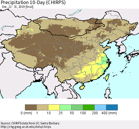 China, Mongolia and Taiwan Precipitation 10-Day (CHIRPS) Thematic Map For 12/21/2019 - 12/31/2019