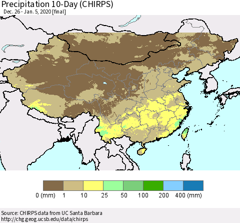 China, Mongolia and Taiwan Precipitation 10-Day (CHIRPS) Thematic Map For 12/26/2019 - 1/5/2020