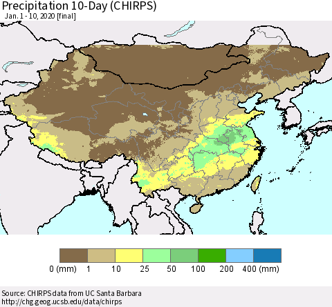 China, Mongolia and Taiwan Precipitation 10-Day (CHIRPS) Thematic Map For 1/1/2020 - 1/10/2020