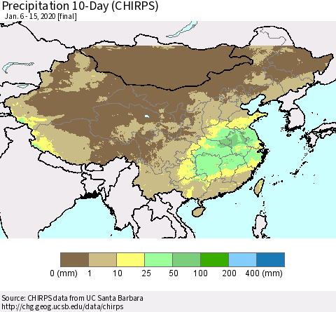 China, Mongolia and Taiwan Precipitation 10-Day (CHIRPS) Thematic Map For 1/6/2020 - 1/15/2020