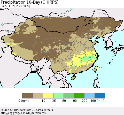 China, Mongolia and Taiwan Precipitation 10-Day (CHIRPS) Thematic Map For 1/11/2020 - 1/20/2020