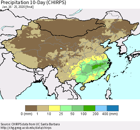 China, Mongolia and Taiwan Precipitation 10-Day (CHIRPS) Thematic Map For 1/16/2020 - 1/25/2020