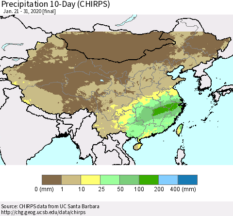 China, Mongolia and Taiwan Precipitation 10-Day (CHIRPS) Thematic Map For 1/21/2020 - 1/31/2020