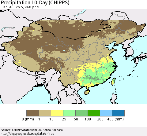 China, Mongolia and Taiwan Precipitation 10-Day (CHIRPS) Thematic Map For 1/26/2020 - 2/5/2020