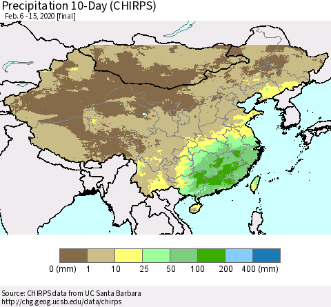 China, Mongolia and Taiwan Precipitation 10-Day (CHIRPS) Thematic Map For 2/6/2020 - 2/15/2020