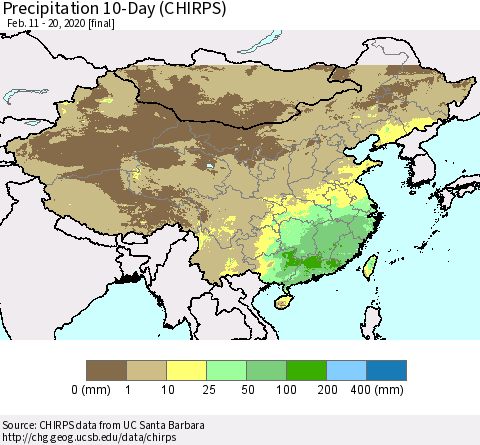 China, Mongolia and Taiwan Precipitation 10-Day (CHIRPS) Thematic Map For 2/11/2020 - 2/20/2020