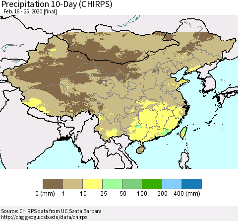 China, Mongolia and Taiwan Precipitation 10-Day (CHIRPS) Thematic Map For 2/16/2020 - 2/25/2020