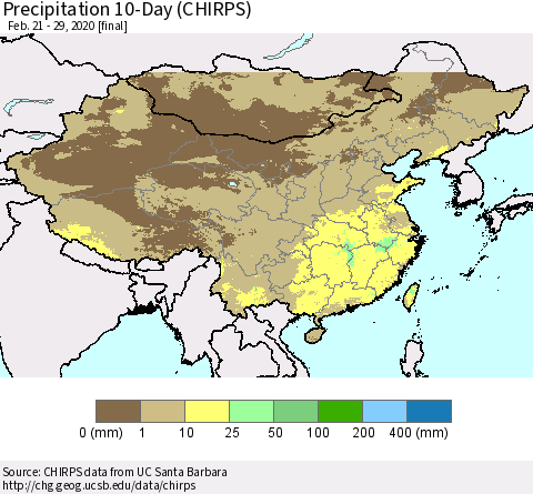 China, Mongolia and Taiwan Precipitation 10-Day (CHIRPS) Thematic Map For 2/21/2020 - 2/29/2020
