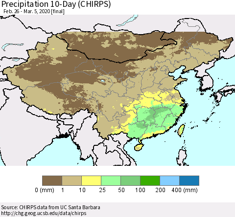 China, Mongolia and Taiwan Precipitation 10-Day (CHIRPS) Thematic Map For 2/26/2020 - 3/5/2020