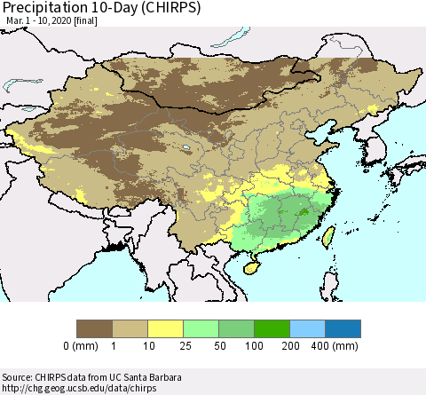 China, Mongolia and Taiwan Precipitation 10-Day (CHIRPS) Thematic Map For 3/1/2020 - 3/10/2020