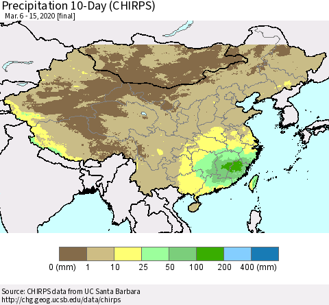China, Mongolia and Taiwan Precipitation 10-Day (CHIRPS) Thematic Map For 3/6/2020 - 3/15/2020