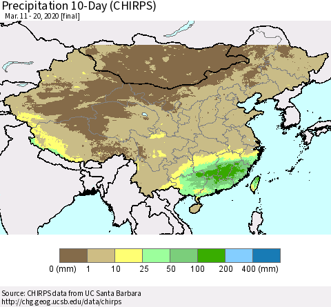 China, Mongolia and Taiwan Precipitation 10-Day (CHIRPS) Thematic Map For 3/11/2020 - 3/20/2020