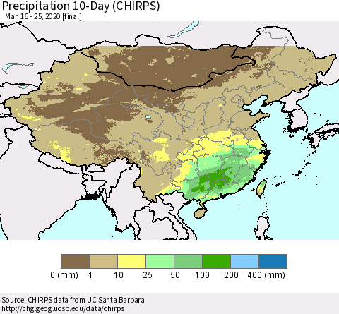 China, Mongolia and Taiwan Precipitation 10-Day (CHIRPS) Thematic Map For 3/16/2020 - 3/25/2020
