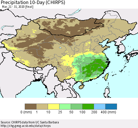 China, Mongolia and Taiwan Precipitation 10-Day (CHIRPS) Thematic Map For 3/21/2020 - 3/31/2020