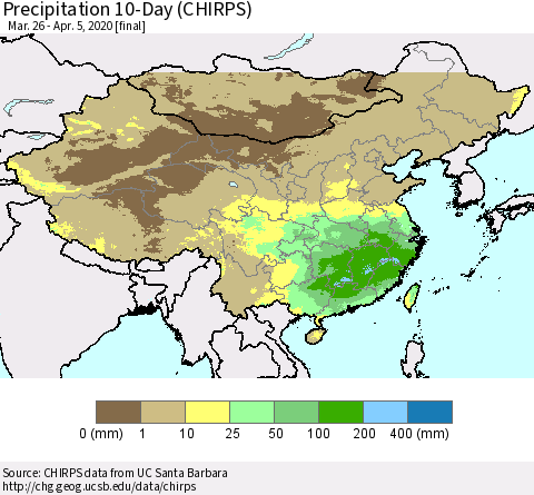China, Mongolia and Taiwan Precipitation 10-Day (CHIRPS) Thematic Map For 3/26/2020 - 4/5/2020