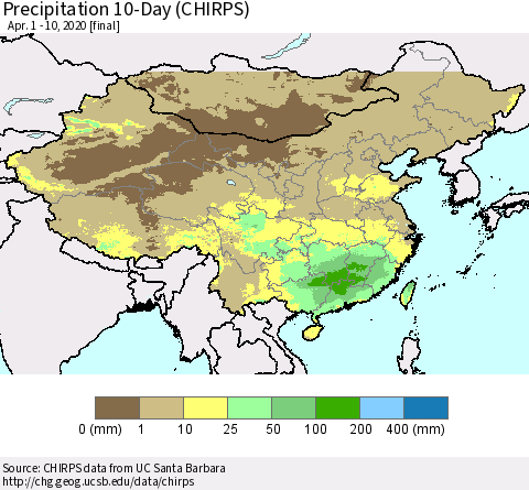 China, Mongolia and Taiwan Precipitation 10-Day (CHIRPS) Thematic Map For 4/1/2020 - 4/10/2020