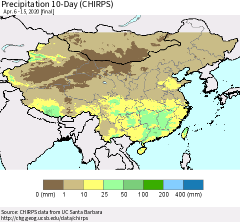 China, Mongolia and Taiwan Precipitation 10-Day (CHIRPS) Thematic Map For 4/6/2020 - 4/15/2020