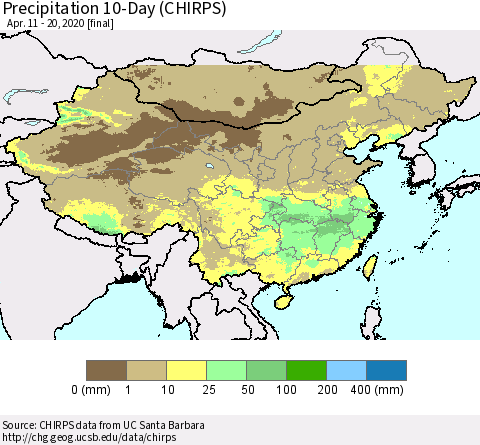 China, Mongolia and Taiwan Precipitation 10-Day (CHIRPS) Thematic Map For 4/11/2020 - 4/20/2020