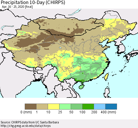China, Mongolia and Taiwan Precipitation 10-Day (CHIRPS) Thematic Map For 4/16/2020 - 4/25/2020