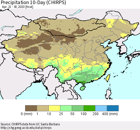 China, Mongolia and Taiwan Precipitation 10-Day (CHIRPS) Thematic Map For 4/21/2020 - 4/30/2020