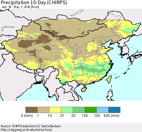 China, Mongolia and Taiwan Precipitation 10-Day (CHIRPS) Thematic Map For 4/26/2020 - 5/5/2020
