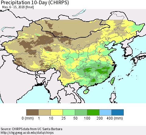 China, Mongolia and Taiwan Precipitation 10-Day (CHIRPS) Thematic Map For 5/6/2020 - 5/15/2020