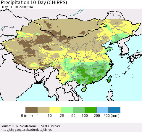 China, Mongolia and Taiwan Precipitation 10-Day (CHIRPS) Thematic Map For 5/11/2020 - 5/20/2020