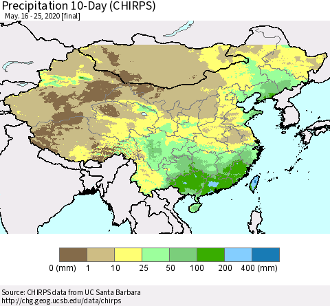 China, Mongolia and Taiwan Precipitation 10-Day (CHIRPS) Thematic Map For 5/16/2020 - 5/25/2020