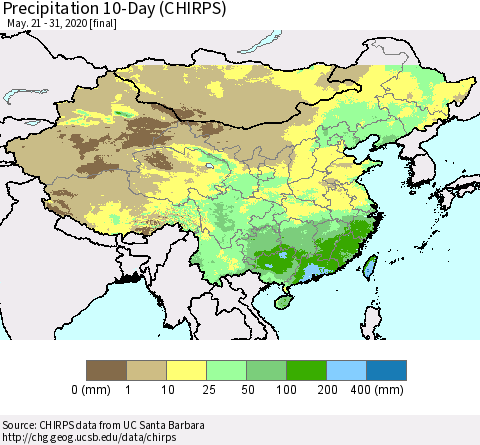 China, Mongolia and Taiwan Precipitation 10-Day (CHIRPS) Thematic Map For 5/21/2020 - 5/31/2020