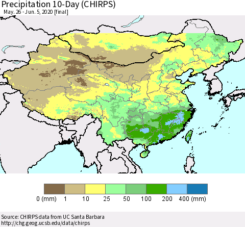 China, Mongolia and Taiwan Precipitation 10-Day (CHIRPS) Thematic Map For 5/26/2020 - 6/5/2020