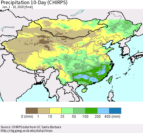 China, Mongolia and Taiwan Precipitation 10-Day (CHIRPS) Thematic Map For 6/1/2020 - 6/10/2020