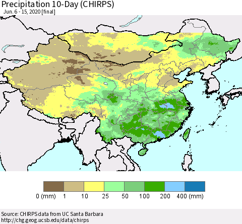 China, Mongolia and Taiwan Precipitation 10-Day (CHIRPS) Thematic Map For 6/6/2020 - 6/15/2020