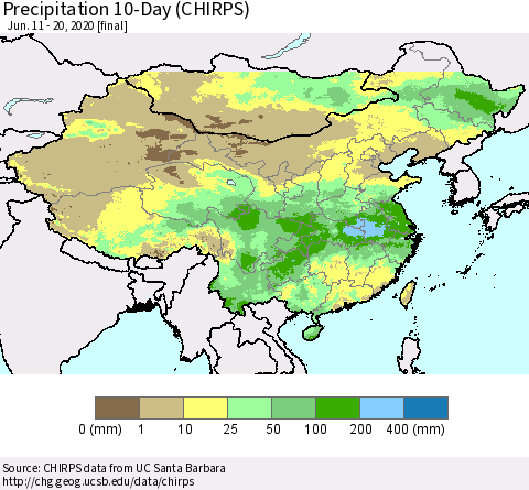 China, Mongolia and Taiwan Precipitation 10-Day (CHIRPS) Thematic Map For 6/11/2020 - 6/20/2020