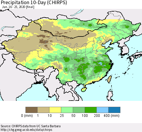 China, Mongolia and Taiwan Precipitation 10-Day (CHIRPS) Thematic Map For 6/16/2020 - 6/25/2020