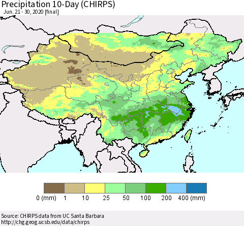 China, Mongolia and Taiwan Precipitation 10-Day (CHIRPS) Thematic Map For 6/21/2020 - 6/30/2020