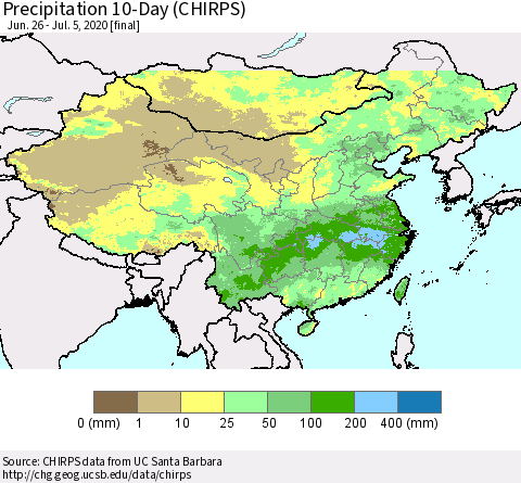 China, Mongolia and Taiwan Precipitation 10-Day (CHIRPS) Thematic Map For 6/26/2020 - 7/5/2020