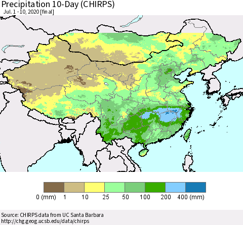 China, Mongolia and Taiwan Precipitation 10-Day (CHIRPS) Thematic Map For 7/1/2020 - 7/10/2020