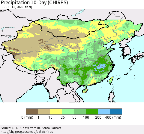 China, Mongolia and Taiwan Precipitation 10-Day (CHIRPS) Thematic Map For 7/6/2020 - 7/15/2020